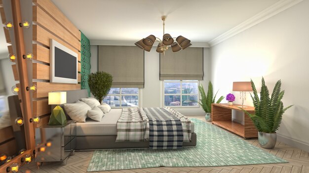 Beautiful bedroom interior in 3d rendering illustration