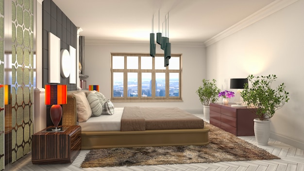 Beautiful bedroom interior in 3d rendering illustration