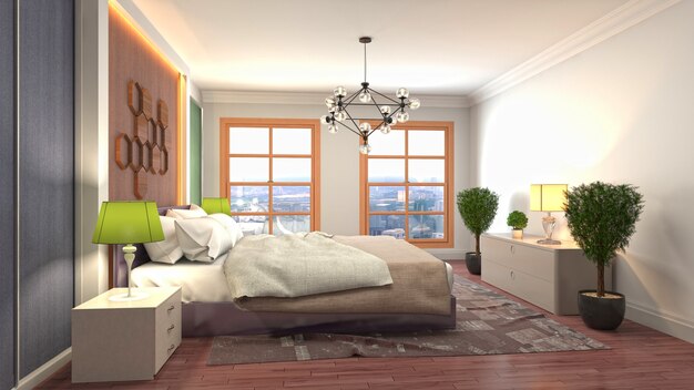 Beautiful bedroom interior in 3d rendering illustration