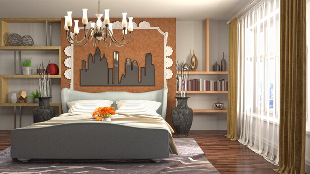 3Dレンダリングイラストの美しい寝室のインテリア
