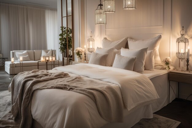 A beautiful bedroom with soft lighting and luxurious bedding created with generative ai