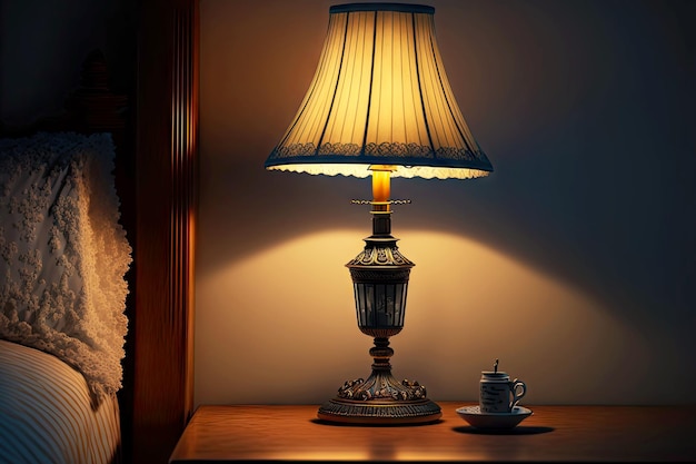 Beautiful bedside lamp on leg with lampshade by bed