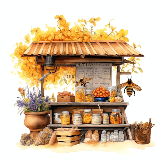 beautiful Bee and farm market stand watercolor clipart illustration