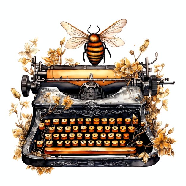 beautiful Bee and vintage typewriter watercolor clipart illustration