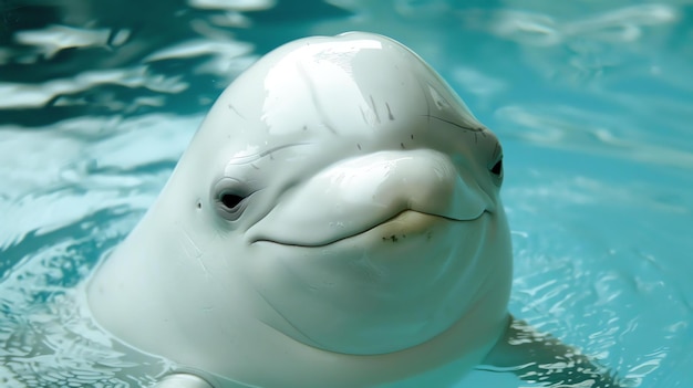 Foto una bellissima balena beluga oscilla nell'acqua il suo grande viso bianco e il suo sorriso amichevole in piena mostra