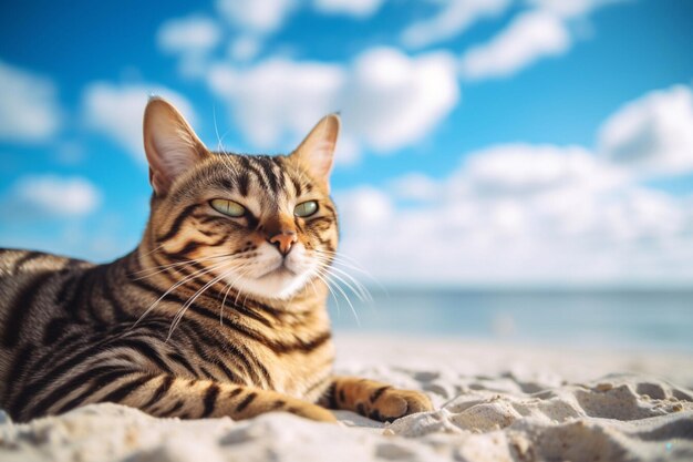 Beautiful bengal cat lying on the sand by the sea