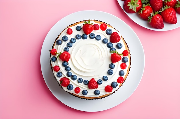 Foto bella torta bento con decorazione di bacche in colori pastello rosa su uno sfondo pastello chiaro