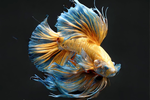 Bellissimo pesce betta con coda lunga nei colori blu turchese su sfondo nero. immagine decorativa o per il design grafico creato con la tecnologia generative ai