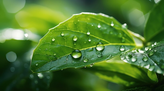 Beautiful big clear raindrops on green leaf macro