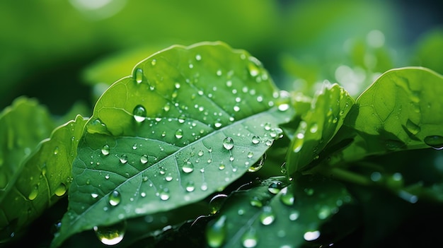 Beautiful big clear raindrops on green leaf macro