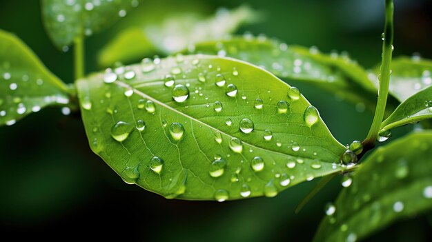 緑の葉のマクロに麗な大きな明るい雨滴