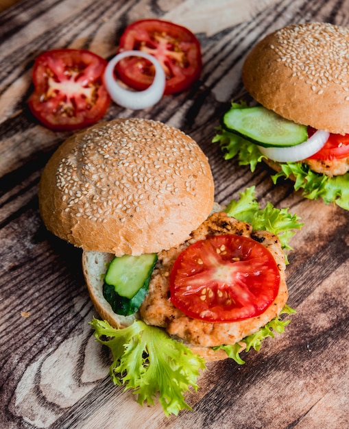 Beautiful big hamburger on a wooden table