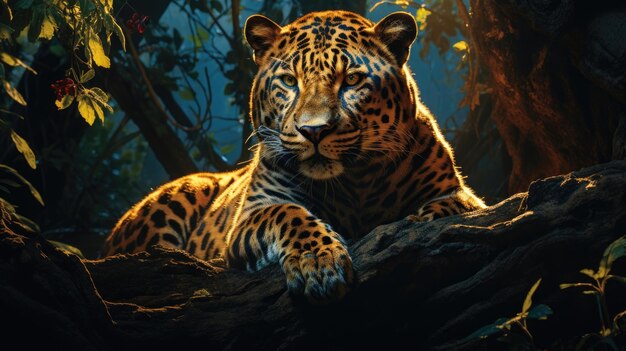 Красивый большой леопард-ягуар присел на дереве лицом вперед в джунглях.