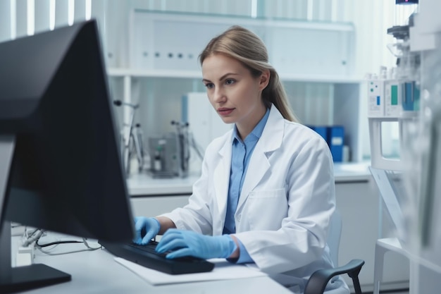 Beautiful biologist in a modern laboratory analyzing and interpreting complex data on a computer