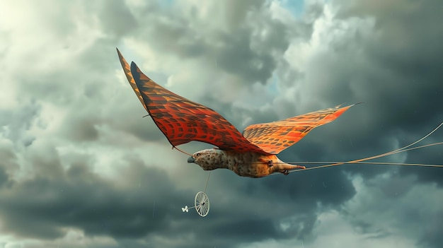 Photo a beautiful bird flies through the sky the bird is orange and black with a long tail the sky is cloudy and there is a storm in the distance