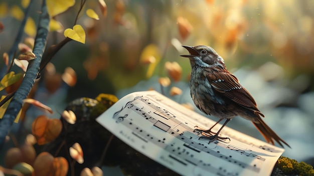 Photo a beautiful bird is perched on a branch in the forest the bird is singing a sweet song and the music notes are flowing out of its beak