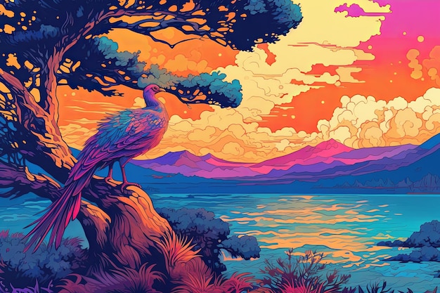 Beautiful bird perched on a tree with a beautiful sea and mountain view Generative AI