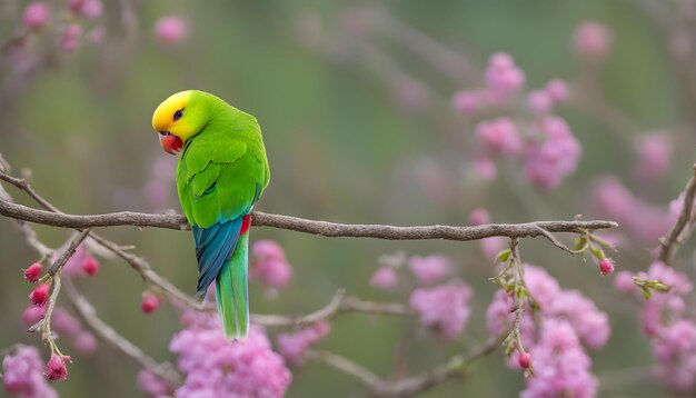 Beautiful bird on the pink flower tree brunch