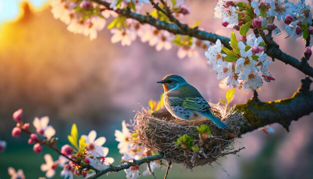 美しい鳥が春に ⁇ くチェリーの花の中に巣を休んでいる