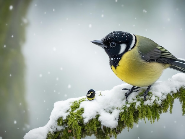 beautiful bird sitting in the late autumn in the Park on a branch of a birch in the snow