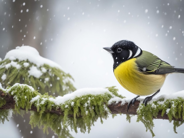 晩秋、公園の雪の中の白樺の枝に座っている美しい鳥