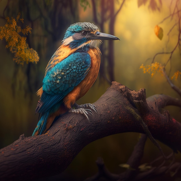 Красивая птица сидит на ветке дерева на фоне леса обои AI Generated Image