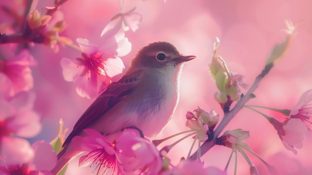 beautiful bird with Cherry blossom pink sakura flower Generative AI