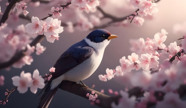 Beautiful bird with fantasy sakura tree Generative AI