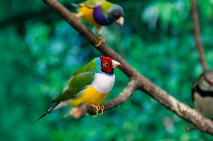 Photo beautiful birds guldova amadina erythrura gouldiae sitting on a branch