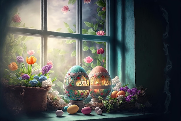 Beautiful birds sitting in stick nest with small decorated eggs on background of blooming flowers and abstract florals and window Easter holiday design