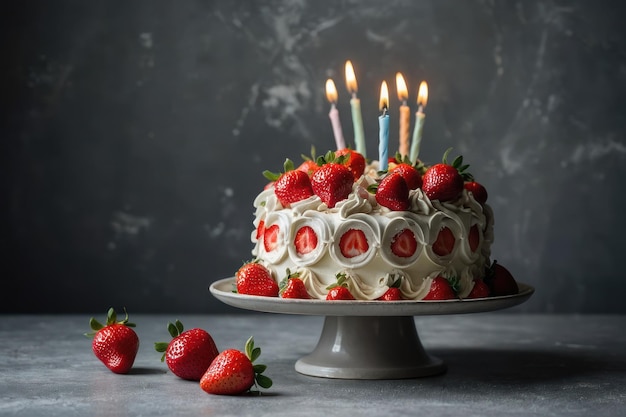 beautiful birthday cake covered with chantillly and fresh strawberry