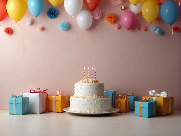 Beautiful Birthday cake with candles and colorful balloons in the pastel background