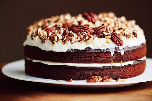 Beautiful birthday cake with cream and pecan pie nuts on plate