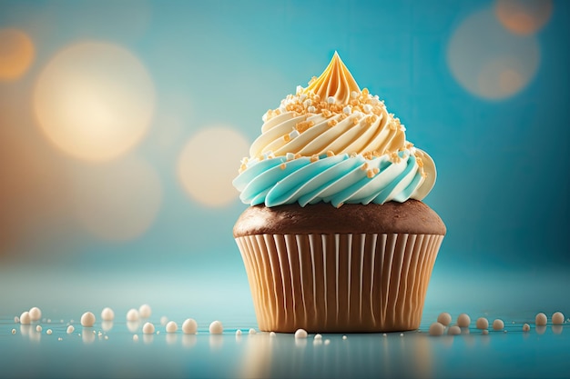 컬러 배경 삽화의 아름다운 생일 컵케이크 Generative AI