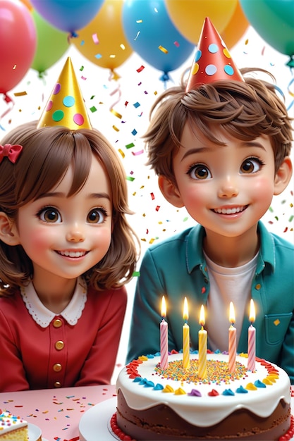 웃는 두 아이와 촛불이 달린 생일 케이크가 있는 아름다운 생일 그림 생성 AI
