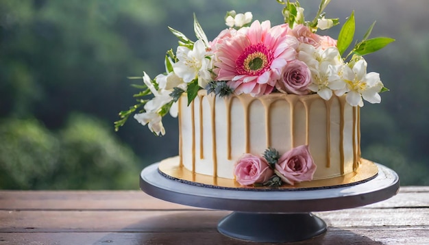 春の花で飾られた美しい誕生日または結婚式のケーキ 美味しい祝日のデザート