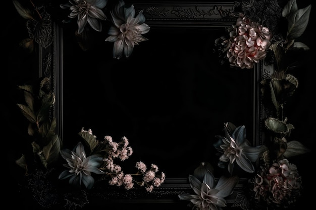 Beautiful black background with flowers and copy space Empty space for text Frame dark backdrop Generative AI