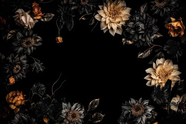 Photo beautiful black background with flowers and copy space empty space for text frame dark backdrop generative ai