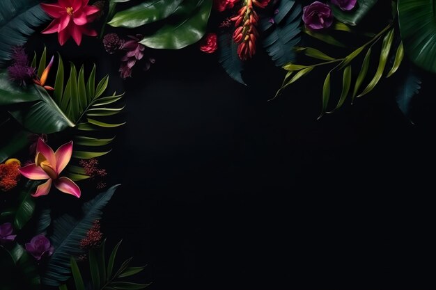 Beautiful black background with flowers and copy space Empty space for text Frame dark backdrop Generative AI