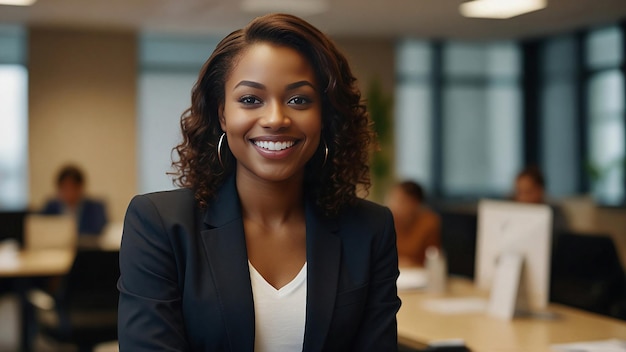 Photo a beautiful black business woman in a suit smiles at the camera