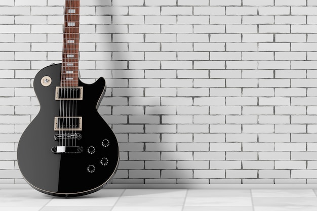 벽돌 벽 앞의 복고풍 스타일의 아름다운 검은색 일렉트릭 기타. 3d 렌더링