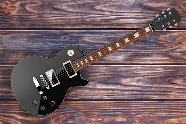 나무 테이블에 복고 스타일의 아름 다운 블랙 일렉트릭 기타. 3d 렌더링