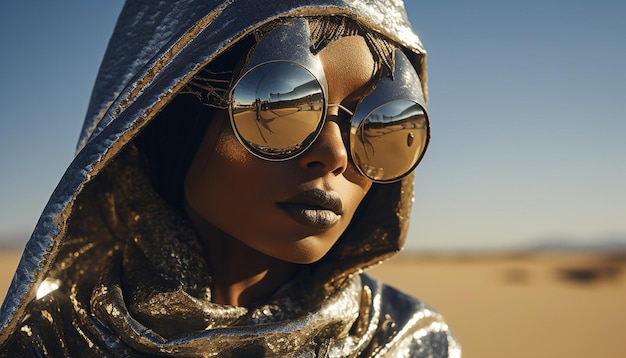 Foto bellissimi occhi neri modella femminile di realismo in abito di alta moda metallico con il terzo occhio aperto