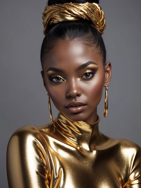 Photo a beautiful black girl wearing a shiny golden outfit and an elongated ovalshaped earring