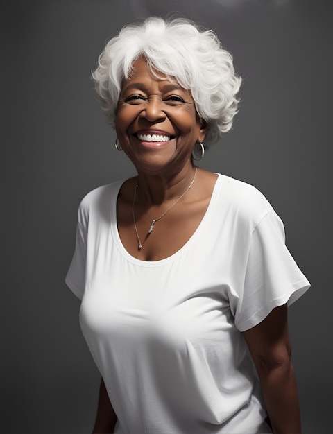 Beautiful black grandmother old woman smiling in white blank tshirt Mockup