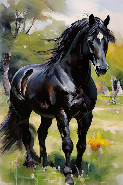 Beautiful black horse in a field of poppies Digital painting