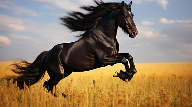 Photo beautiful black horse playing on the field