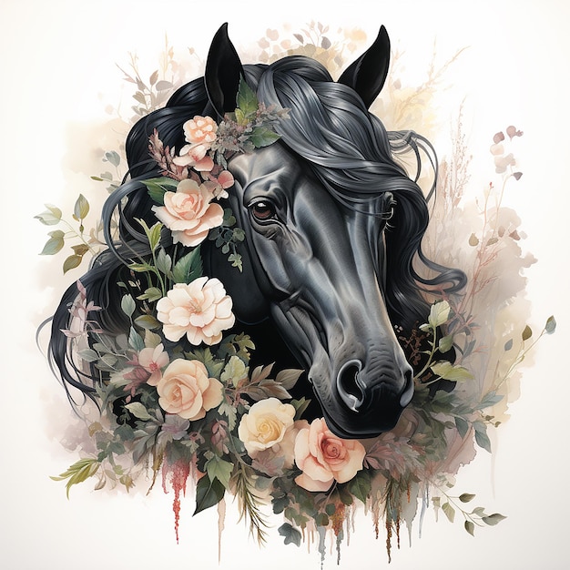 美しい黒い馬の肖像画と花色の非常に詳細な柔らかい水彩画