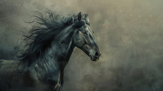 Прекрасная черная лошадь с длинной, текущей гривой бежит по полю.