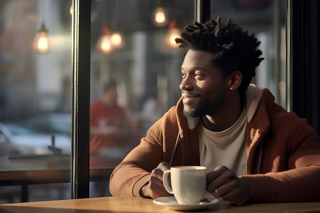 A beautiful Black man enjoying a cup of coffee at a caf